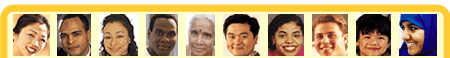 Graphic image displaying a row of diverse faces of different ages and cultures