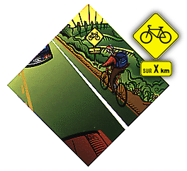 Illustration reprsentant un accotement asphalt  ct de laquelle paraissent le panneau de signalisation Prsence de cyclistes ou passage pour bicyclette et un panonceau de distance.