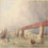 Watercolour showing boats and rafts passing under Victoria Bridge in Montral, circa 1860