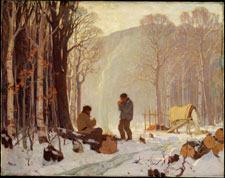 Oil painting of two men in forest in winter, warming themselves by fire, with horse and felled trees, 1900-1942