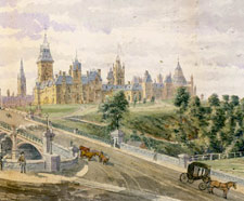 Watercolour of the Parliament Buildings, with Dufferin and Sapper's bridges in the foreground, by Walter Chesterton, August 1877