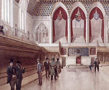 Watercolour showing decoration of the Commons Chamber, Parliament Buildings, artist unknown, ca. 1918