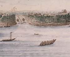 Watercolour of the Rideau Canal locks at Bytown, with Barrack Hill, future site of Parliament Hill, by John Burrows, ca. 1832