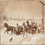Drawing of three horsedrawn sleighs laden with people, racing along a country road, 1888