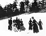 Photograph of women playing hockey outdoors at Rideau Hall, Ottawa, circa 1890