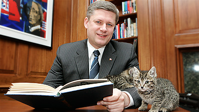 Prime Minister Harper with two foster cats at 24 Sussex Drive