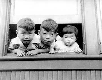 Japanese Canadians were shipped to interior B.C. aboard trains during the Second World War. Picture here, children looking out a train window on their way to internment camps. (National Archives of Canada)