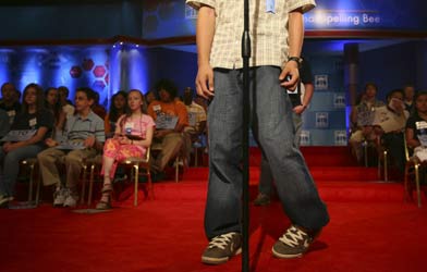 Andrew Zhou, 13, of Honolulu, twists his feet during the first round of the Scripps 2007 Spelling Bee in Washington, D.C. (AP Photo/Lawrence Jackson)