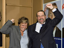 Conservative candidate Denis Lebel celebrates his victory in Roberval with his wife Danielle Girard.