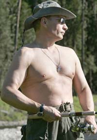 Russian President Vladimir Putin stripped off his shirt for the cameras while on holiday in the Siberian mountains last week, prompting comments on websites about the leader's 'vigorous torso.'