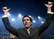 André Boisclair  celebrates his victory as leader of the Parti Quebecois at a rally Tuesday, Nov. 15. (CP Photo / Paul Chiasson)