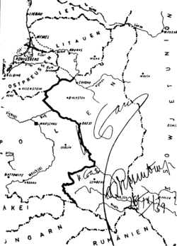 "Second Ribbentrop–Molotov Pact" of 28 September 1939. Map of Poland signed by Stalin and Ribbentrop adjusting the German–Soviet border in the aftermath of German and Soviet invasion of Poland.