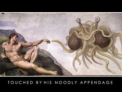Niklas Jansson's adaptation of Michelangelo's The Creation of Adam depicts the Flying Spaghetti Monster in its typical guise as a clump of tangled spaghetti with two eyestalks, two meatballs, and many "noodly appendages".