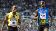 Tyson Gay et Usain Bolt  l'arrive,  Stockholm