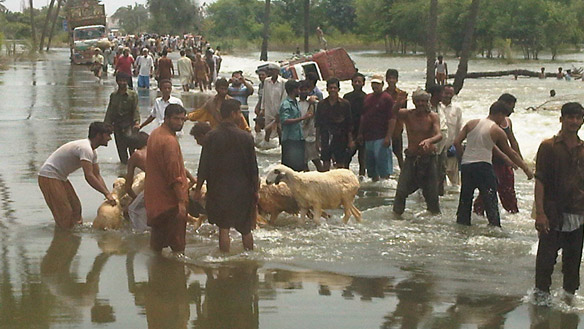 Villagers crowd the flooded streets of Baseera, Pakistan, on Thursday. 
