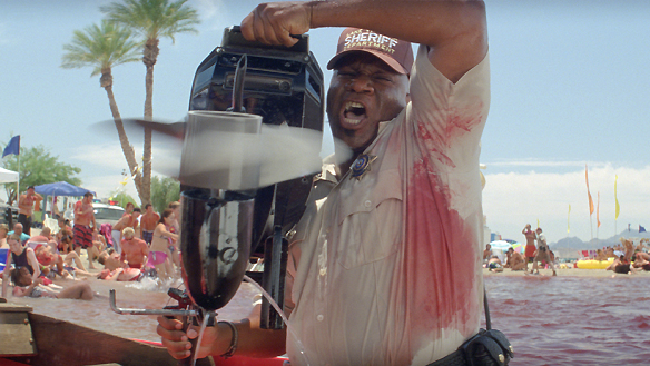Ving Rhames is pictured in an in-your-face scene from the new horror movie Piranha 3D. 