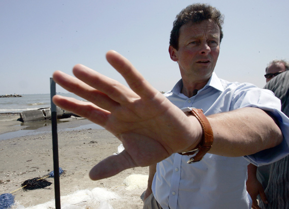 Hayward declines to take further questions from the media as he walks along Fourchon Beach in Port Fourchon, La. on May 24, 2010. Hayward visited the beach to observe efforts to clean oil that washed ashore from the April oil rig explosion in the Gulf of Mexico.  (Patrick Semansky/Associated Press)