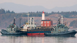 The MV Sun Sea is escorted past Fisgard Lighthouse toward CFB Esquimalt on Friday morning.