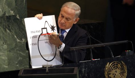 Prime Minister Benjamin Netanyahu drawing a red line on an illustration