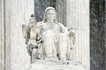 'Contemplation of Justice' during snowfall