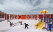 Photo - In this model of Inuvik’s Children First Centre, children are shown playing hockey near an outside play structure, in winter.
