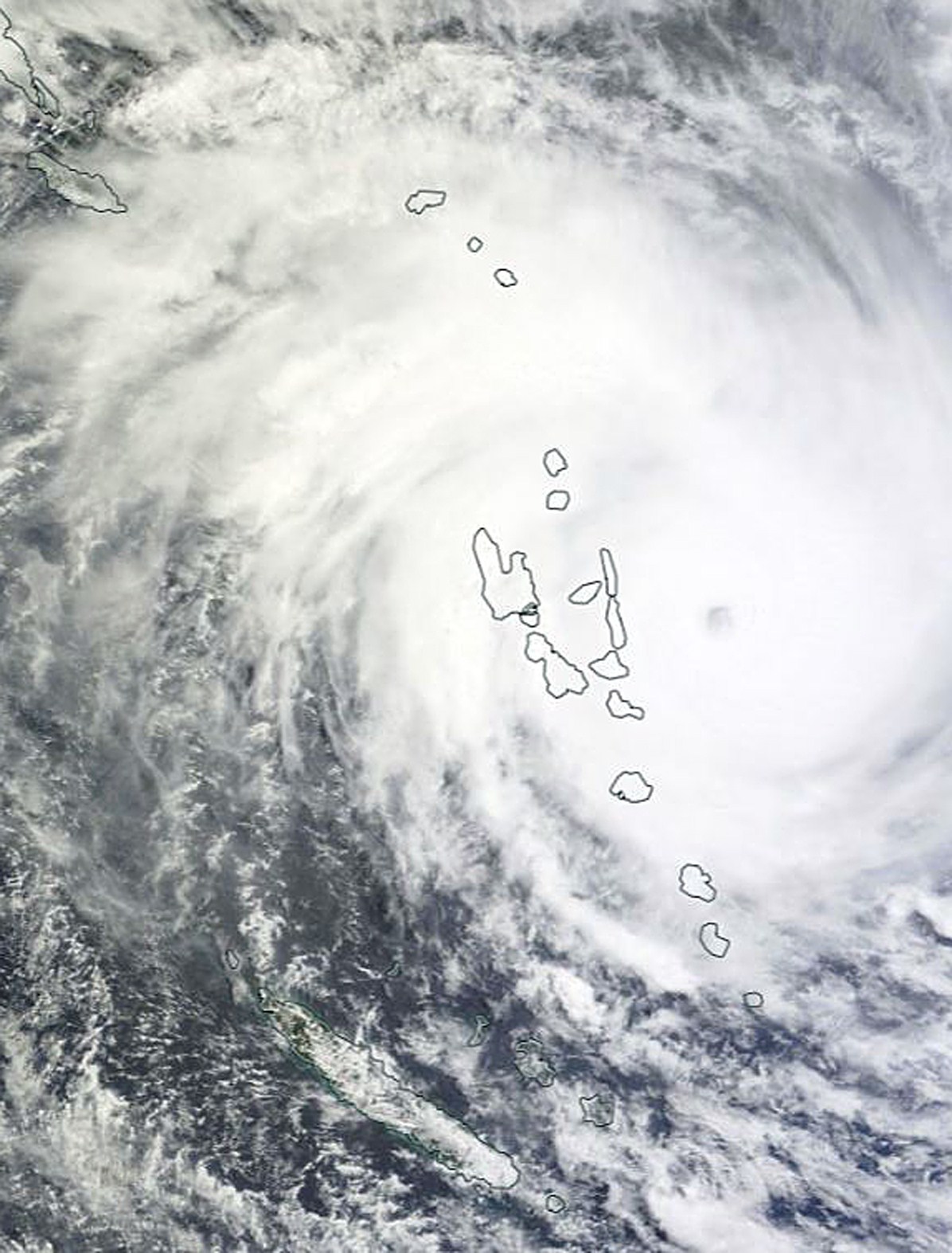 A satellite image of Cyclone Pam over the Pacific Ocean archipelago of Vanuatu