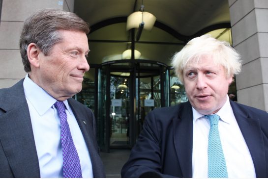 Mayor John Tory, left, meets London Mayor Boris Johnson outside Portcullis House in London on Oct. 22, 2015 

