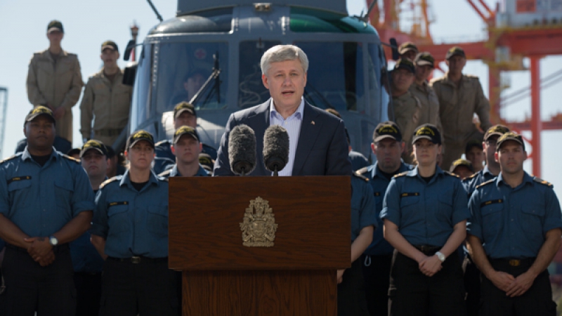 Prime Minister Stephen Harper addresses the crew on board HMCS Fredericton during his visit to Poland.