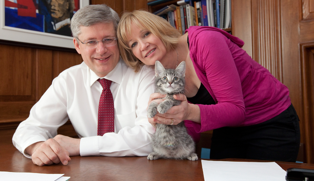 Le Premier ministre Stephen Harper et son épouse Laureen jouent avec Stanley, le tout dernier membre de la famille Harper