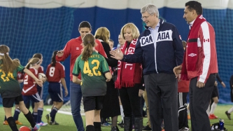 Le PM Harper fait la promotion du Crédit d’impôt pour la condition physique des enfants avec Christine Sinclair et des représentantes du soccer féminin de la FIFA