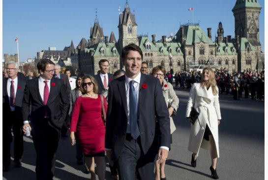 Prime Minister Justin Trudeau and his newly sworn-in cabinet ministers arrive on Parliament Hill.