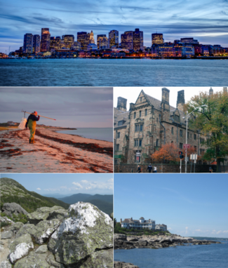 Clockwise from top: skyline of Boston, Massachusetts financial district at night; a building of Yale University in New Haven, Connecticut; a view from Nubble Light on Cape Neddick, Maine; view from Mount Mansfield, Vermont; and a fisherman on Cape Cod, Massachusetts.
