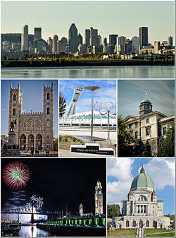 Clockwise from top: Downtown Montreal as seen from the Champlain Bridge; McGill University; Saint Joseph's Oratory; the Old Montreal featuring the Montreal Clock Tower and the Jacques Cartier Bridge during the Montreal Fireworks Festival; a view of the Notre-Dame Basilica from Place d'Armes; and the Olympic Stadium.