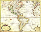 Antique map of the Americas, also showing the southwestern portion of Europe and northwest Africa.
