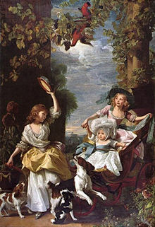 Imaginary garden scene with birds of paradise, vines laden with grapes, and architectural columns. The two young princesses and their baby sister wear fine dresses and play with three spaniels and a tambourine.