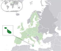 Location of  Malta  (Green circle)– in Europe  (green & dark grey)– in the European Union  (green)  –  [Legend]