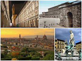 A collage of Florence showing the Galleria degli Uffizi (top left), followed by the Palazzo Pitti, a sunset view of the city and the Fountain of Neptune in the Piazza della Signoria