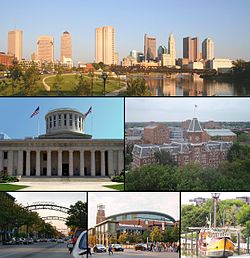 Images, from top left to right: Downtown Columbus, Ohio Statehouse Capitol Square, University Hall (Ohio State University), Short North, Nationwide Arena, Santa Maria replica