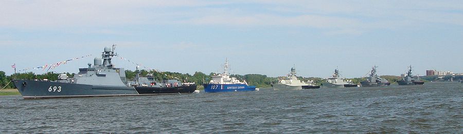The ships of the Caspian flotilla parade in Astrakhan in 2012
