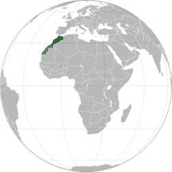 Dark green: Internationally recognized territory of Morocco.Lighter striped green: Western Sahara, a non-decolonized territory claimed and mostly controlled by Morocco as its Southern Provinces.