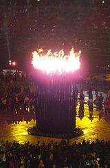 Olympic Cauldron after being lit at the London 2012 Olympic Games Opening Ceremony.jpg