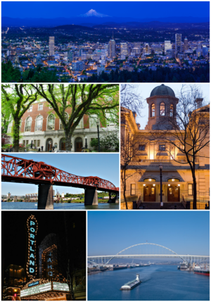 Clockwise: View of downtown Portland with Mt. Hood in background;  Pioneer Courthouse; Fremont Bridge facing north; Arlene Schnitzer Concert Hall; Broadway Bridge; Central Library