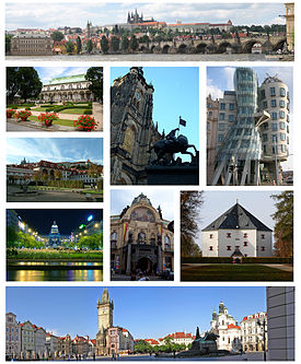 Montage of Prague  , clockwise from top: Panorama of Prague Castle and Charles Bridge, Dancing House, Star Villa, Old Town Square, Wenceslas Square, Wallenstein Palace, Royal Garden at Prague Castle, St. Vitus Cathedral and Municipal House.