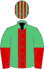 Emerald green, red stripe, halved sleeves, emerald green and red striped cap