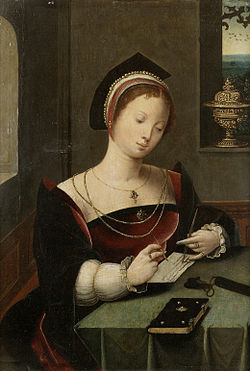 A woman as the Magdalen writing at a table in an interior.jpg