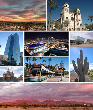 Images, from top, left to right: Papago Park at sunset, Saint Mary's Basilica, Downtown Phoenix, Phoenix skyline at night, Arizona Science Center, Rosson House, the light rail, a saguaro cactus, and the McDowell Mountains
