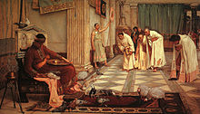 1883 depiction of a court scene, Honorius feeding his fowls with obsequious courtiers in attendance