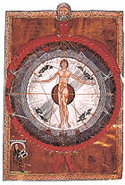 "Universal Man", an illumination from a 13th-century copy of Hildegard von Bingen's Liber Divinorum Operum ("Book of Divine Works", c. 1165).