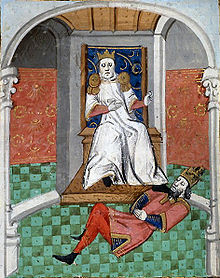 Painting of a ruler on a throne placing his foot on a man lying on the floor
