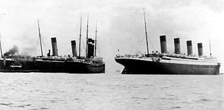 Titanic (right) after the near-collision with New York (left, with Oceanic)